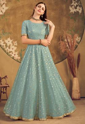 Light Green Foilage Print Net Silk Party Wear Long Gown Semi Stitched 4