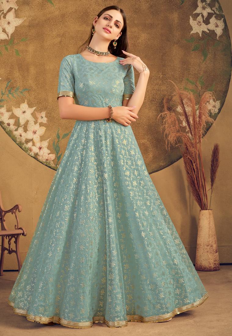 Light Green Foilage Print Net Silk Party Wear Long Gown Semi Stitched