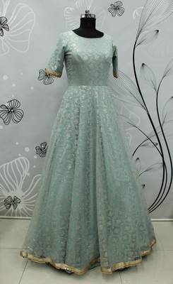 Light Green Foilage Print Net Silk Party Wear Long Gown Semi Stitched 5