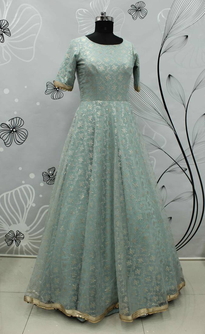 Light Green Foilage Print Net Silk Party Wear Long Gown Semi Stitched