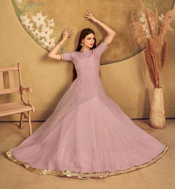 Light Pink Foilage Print Net Silk Party Wear Long Gown Semi Stitched 1