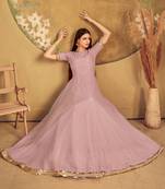 Light Pink Foilage Print Net Silk Party Wear Long Gown Semi Stitched