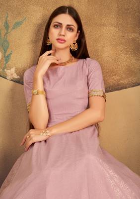 Light Pink Foilage Print Net Silk Party Wear Long Gown Semi Stitched 2