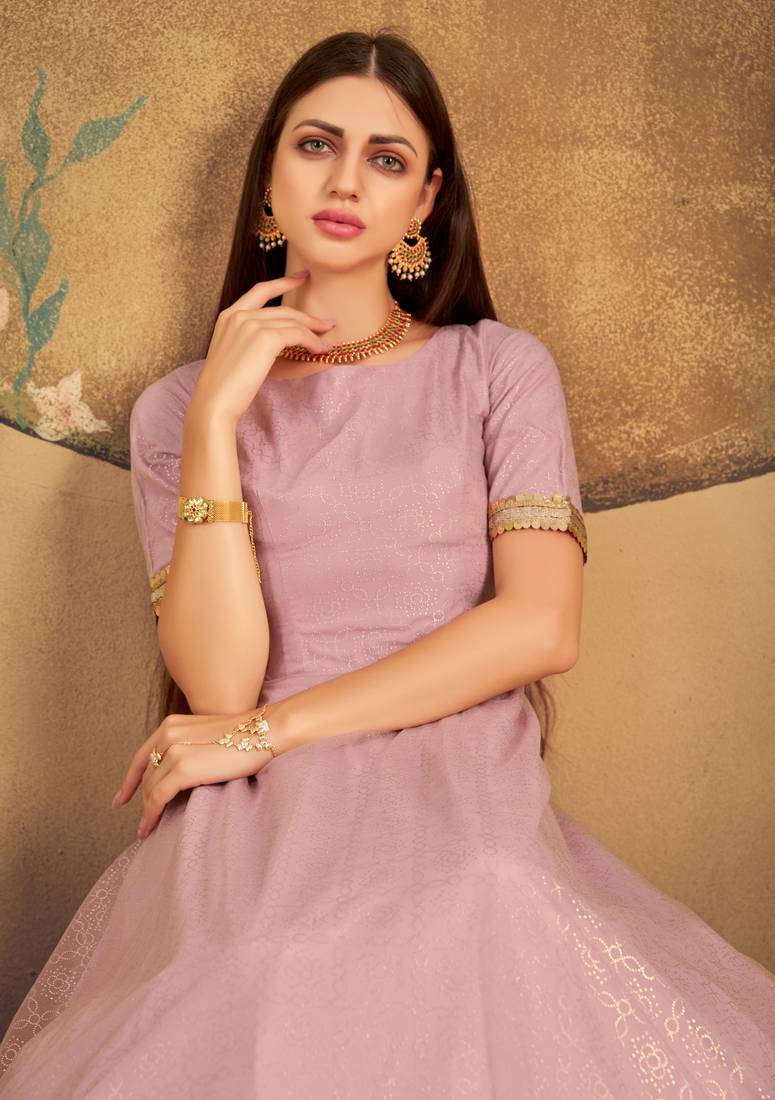 Light Pink Foilage Print Net Silk Party Wear Long Gown Semi Stitched