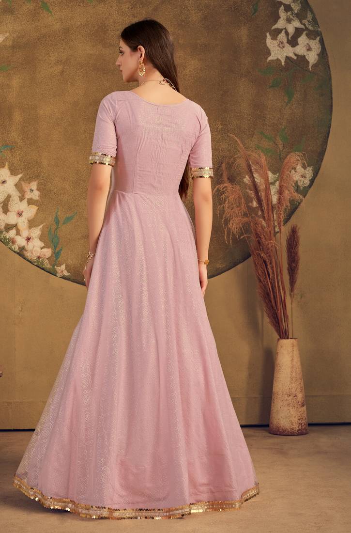 Light Pink Foilage Print Net Silk Party Wear Long Gown Semi Stitched
