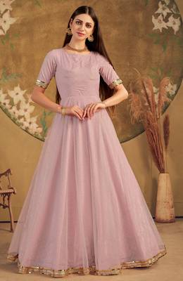 Light Pink Foilage Print Net Silk Party Wear Long Gown Semi Stitched 4