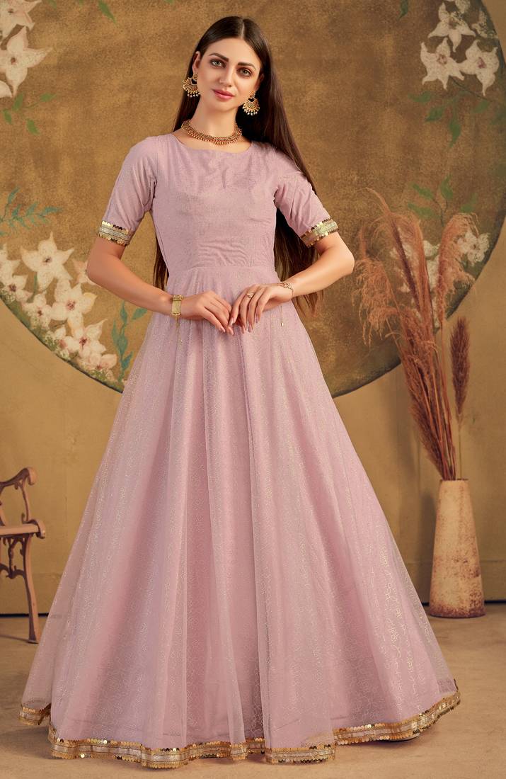 Light Pink Foilage Print Net Silk Party Wear Long Gown Semi Stitched