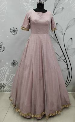Light Pink Foilage Print Net Silk Party Wear Long Gown Semi Stitched 5