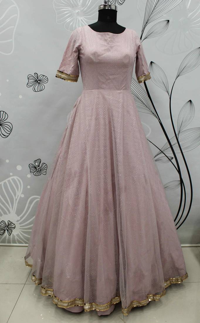 Light Pink Foilage Print Net Silk Party Wear Long Gown Semi Stitched
