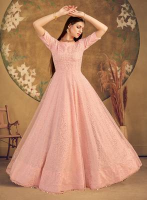 Peach Foilage Print Net Silk Party Wear Long Gown Semi Stitched 1