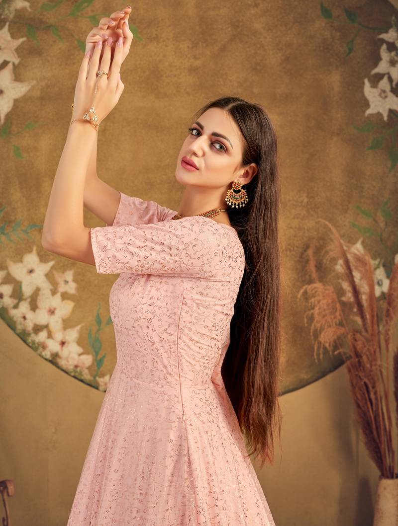 Peach Foilage Print Net Silk Party Wear Long Gown Semi Stitched