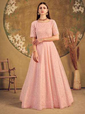 Peach Foilage Print Net Silk Party Wear Long Gown Semi Stitched 3