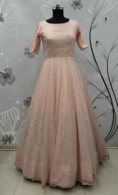 Peach Foilage Print Net Silk Party Wear Long Gown Semi Stitched 4