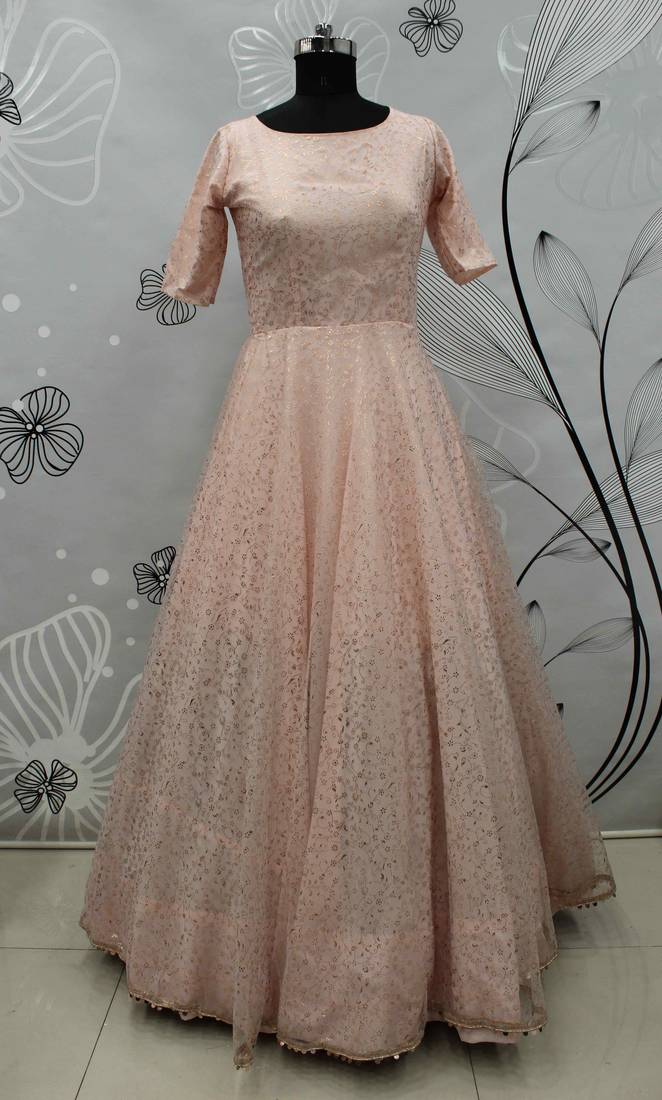 Peach Foilage Print Net Silk Party Wear Long Gown Semi Stitched