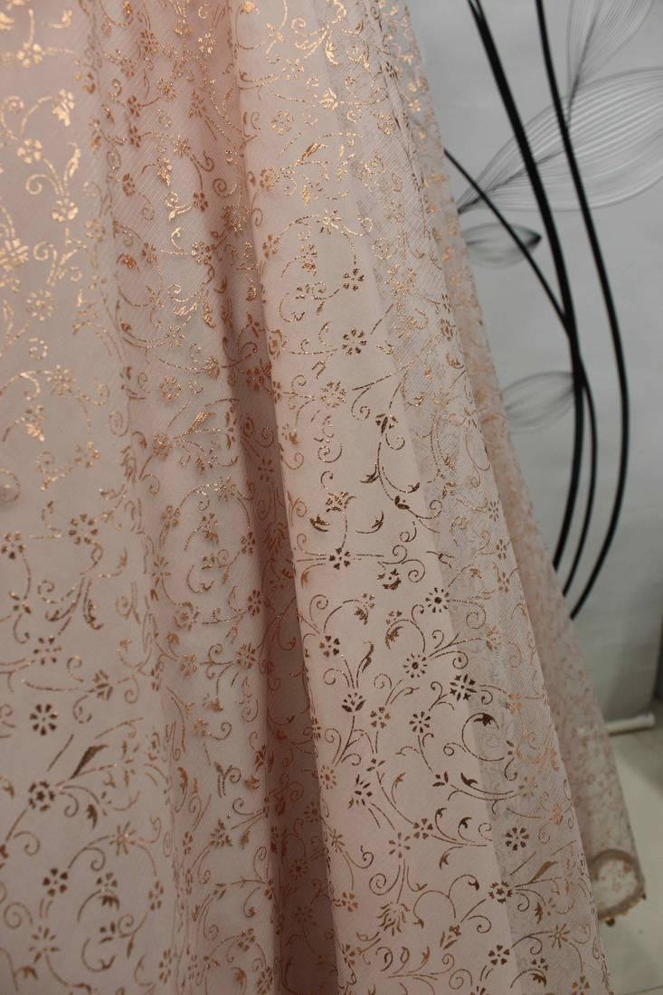 Peach Foilage Print Net Silk Party Wear Long Gown Semi Stitched