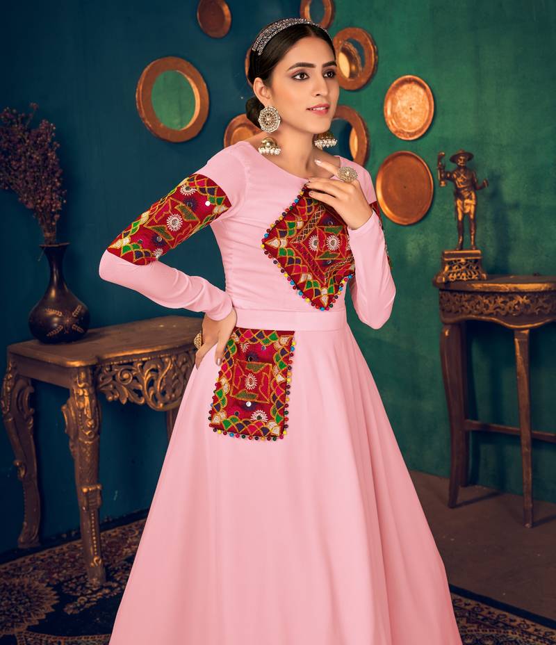 Pink Embroidered Georgette Evening Long Gown Semi Stitched