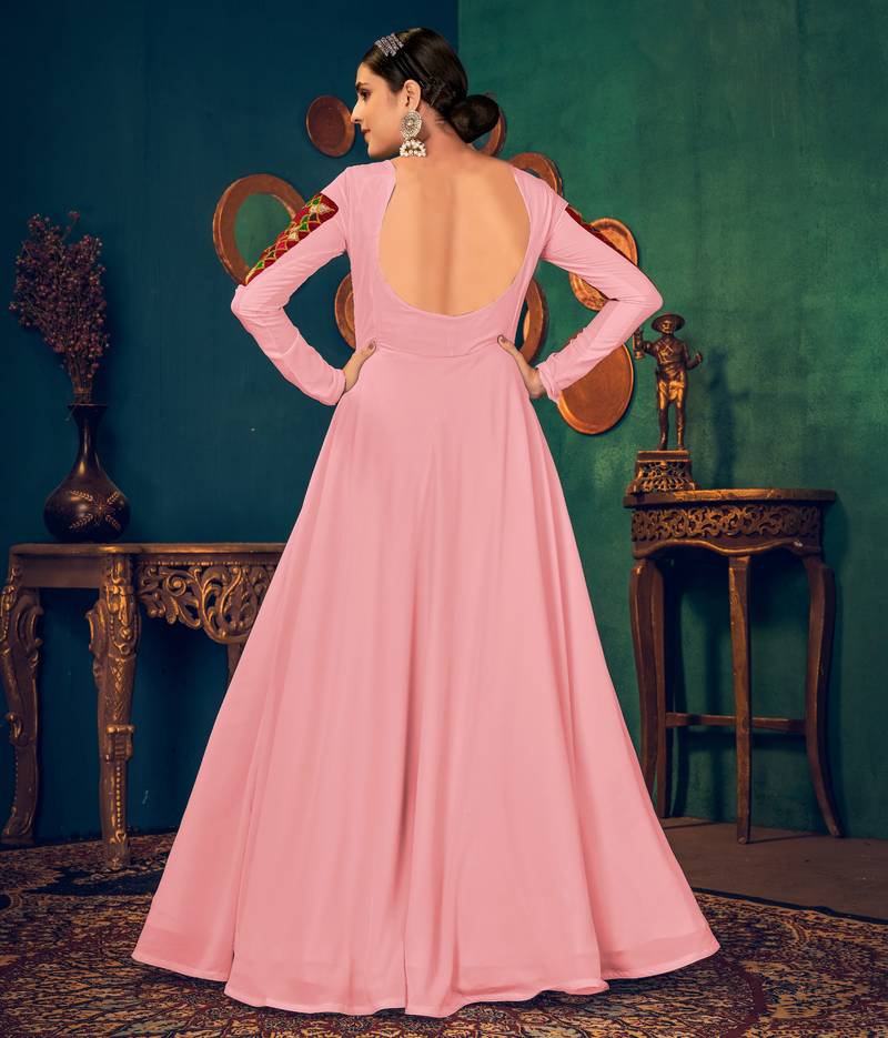 Pink Embroidered Georgette Evening Long Gown Semi Stitched