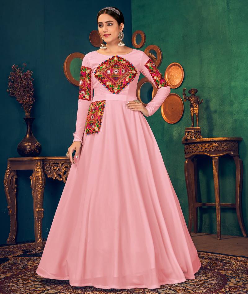 Pink Embroidered Georgette Evening Long Gown Semi Stitched