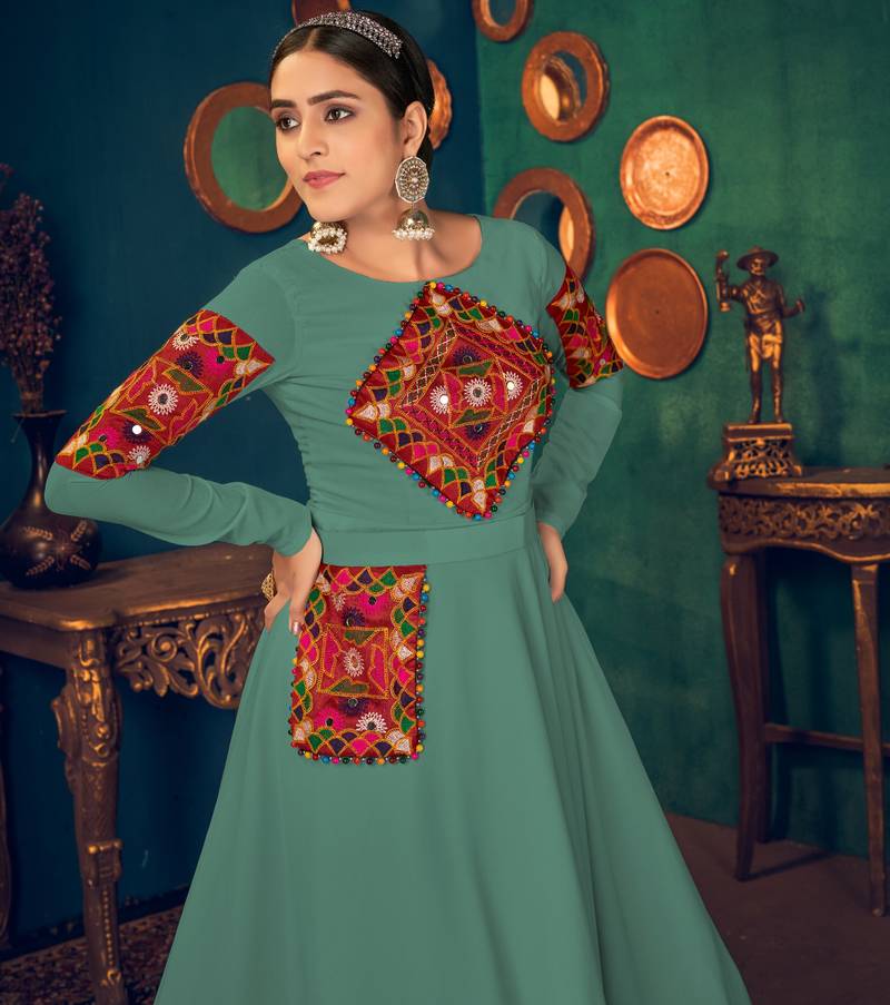 Light Green Embroidered Georgette Evening Long Gown Semi Stitched