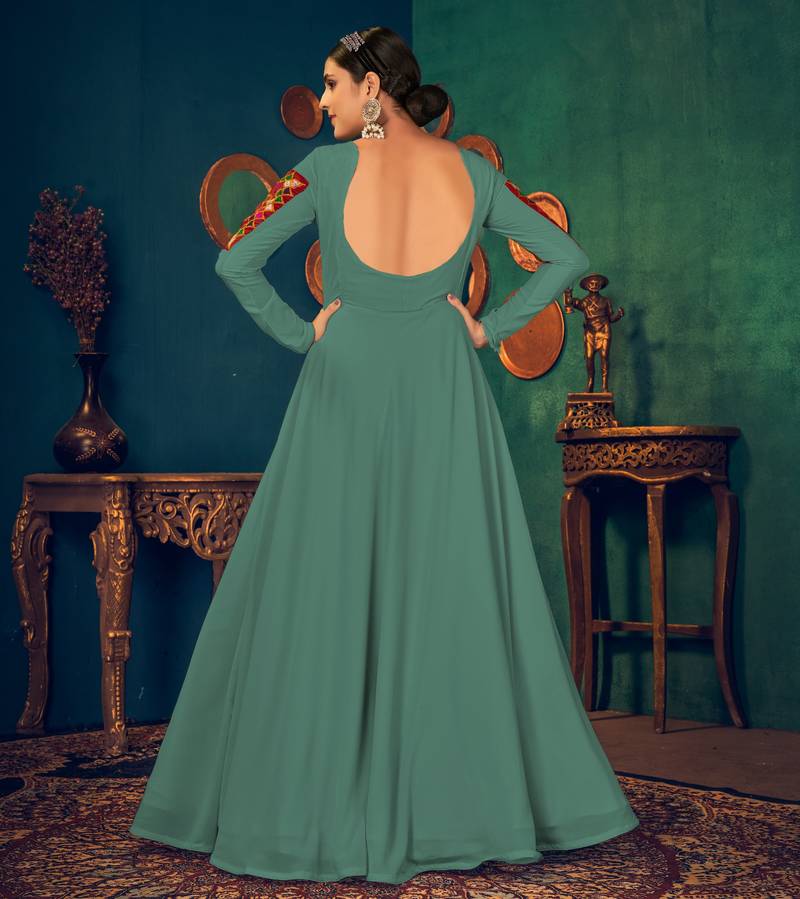 Light Green Embroidered Georgette Evening Long Gown Semi Stitched