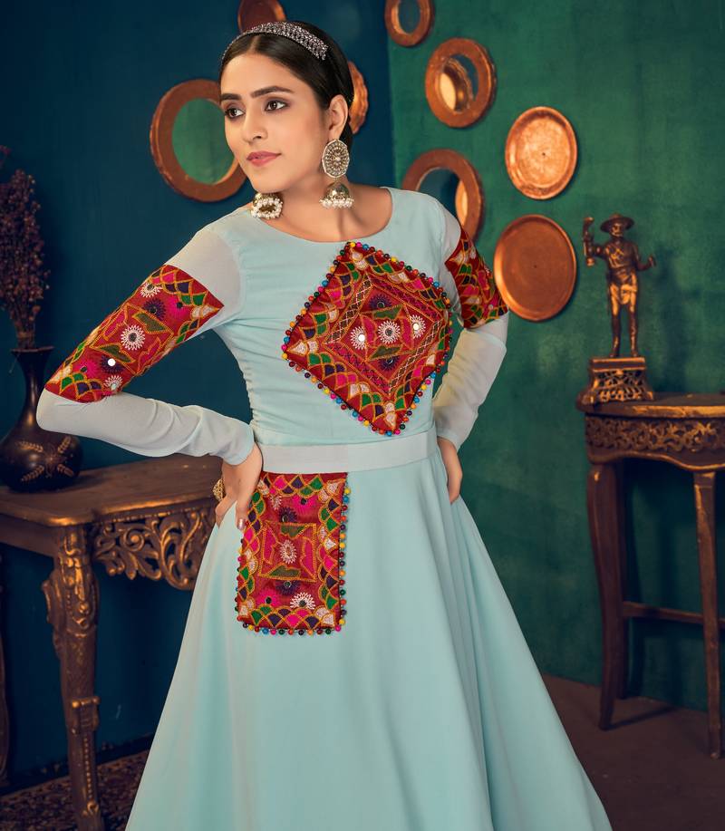 Sky Blue Embroidered Georgette Evening Long Gown Semi Stitched
