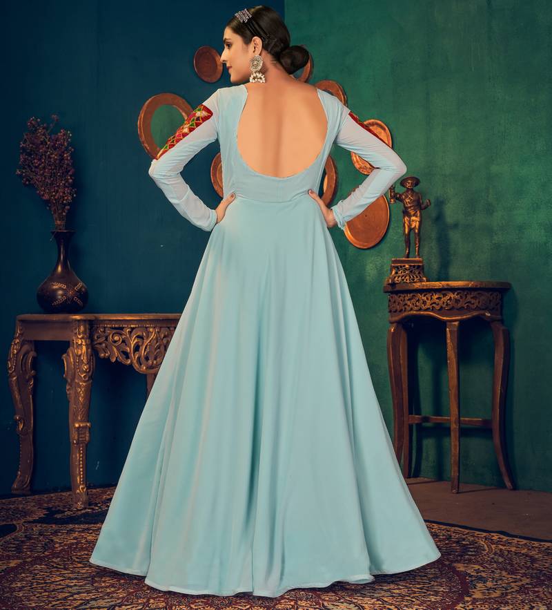 Sky Blue Embroidered Georgette Evening Long Gown Semi Stitched