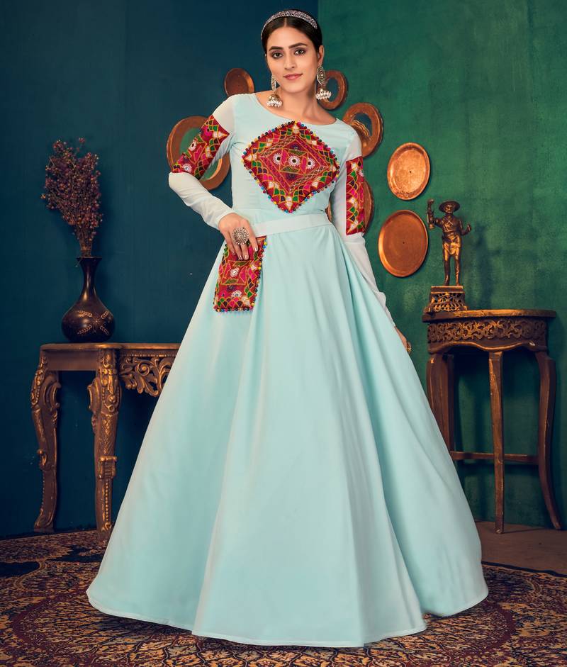 Sky Blue Embroidered Georgette Evening Long Gown Semi Stitched