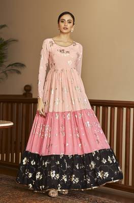 Peach & Pink & Black Metallic Foilage Print Georgette Anarkali Long Gown Semi Stitched 1