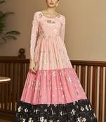 Peach & Pink & Black Metallic Foilage Print Georgette Anarkali Long Gown Semi Stitched