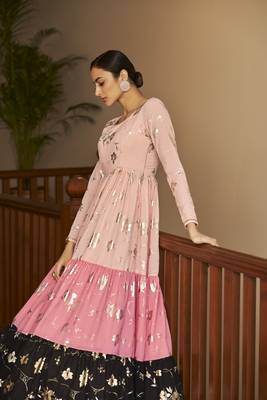 Peach & Pink & Black Metallic Foilage Print Georgette Anarkali Long Gown Semi Stitched 2