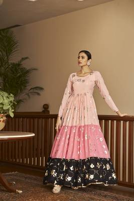 Peach & Pink & Black Metallic Foilage Print Georgette Anarkali Long Gown Semi Stitched 3