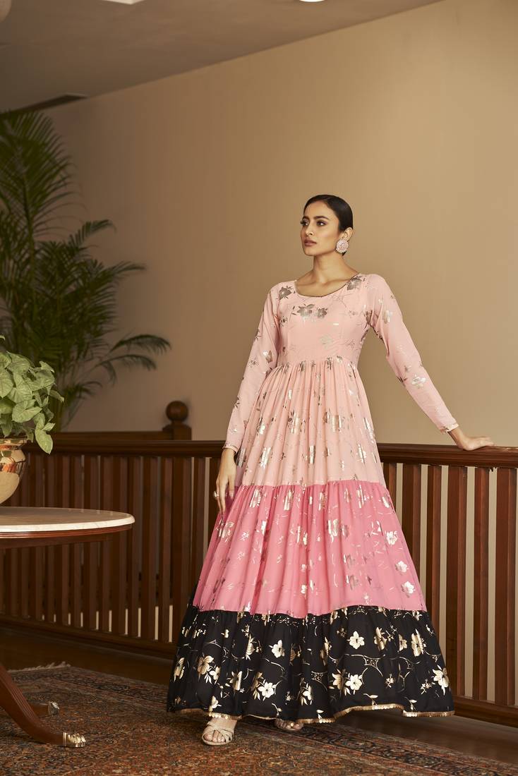 Peach & Pink & Black Metallic Foilage Print Georgette Anarkali Long Gown Semi Stitched