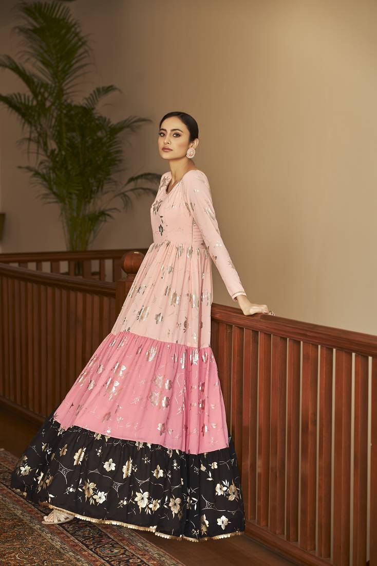 Peach & Pink & Black Metallic Foilage Print Georgette Anarkali Long Gown Semi Stitched