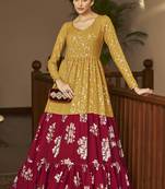 Mustard Yellow & Rani Pink Metallic Foilage Print Georgette Anarkali Long Gown Semi Stitched