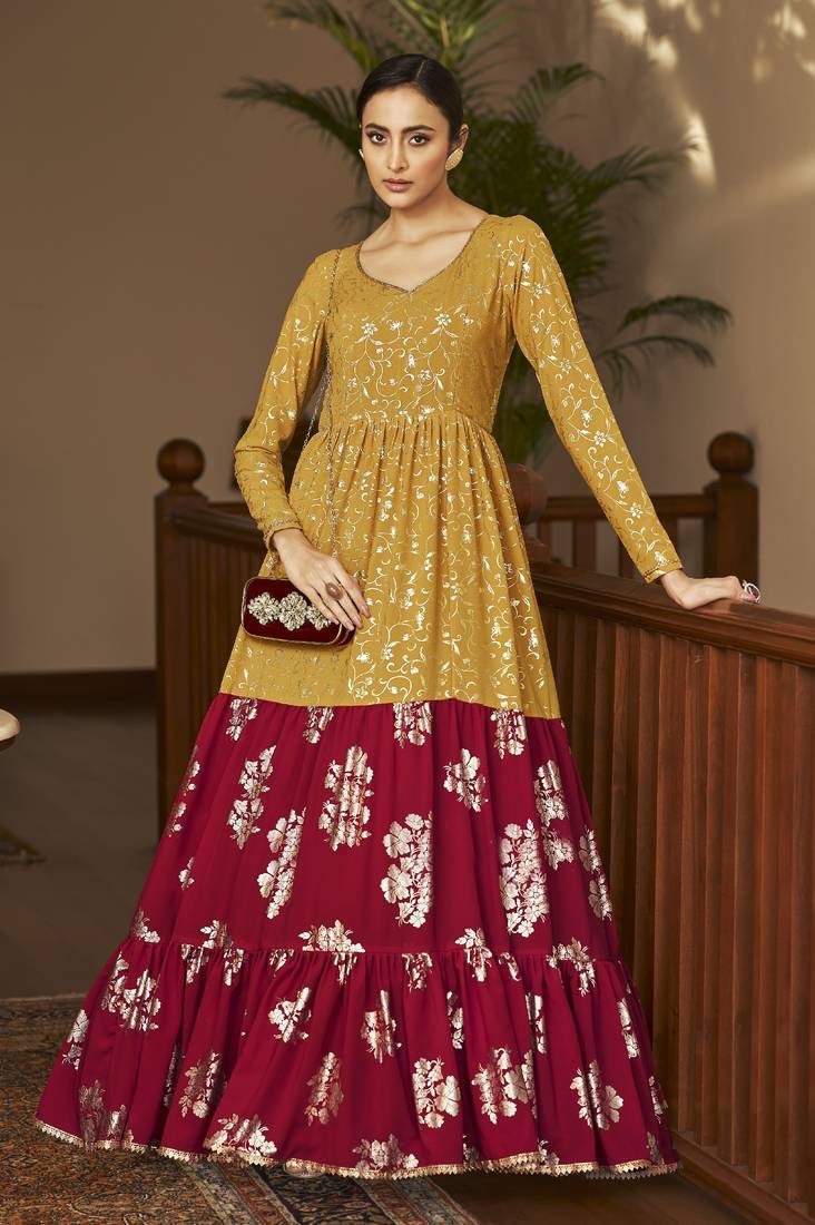 Mustard Yellow & Rani Pink Metallic Foilage Print Georgette Anarkali Long Gown Semi Stitched