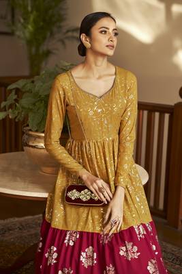 Mustard Yellow & Rani Pink Metallic Foilage Print Georgette Anarkali Long Gown Semi Stitched 2