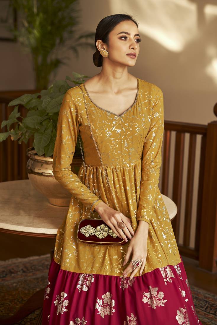 Mustard Yellow & Rani Pink Metallic Foilage Print Georgette Anarkali Long Gown Semi Stitched
