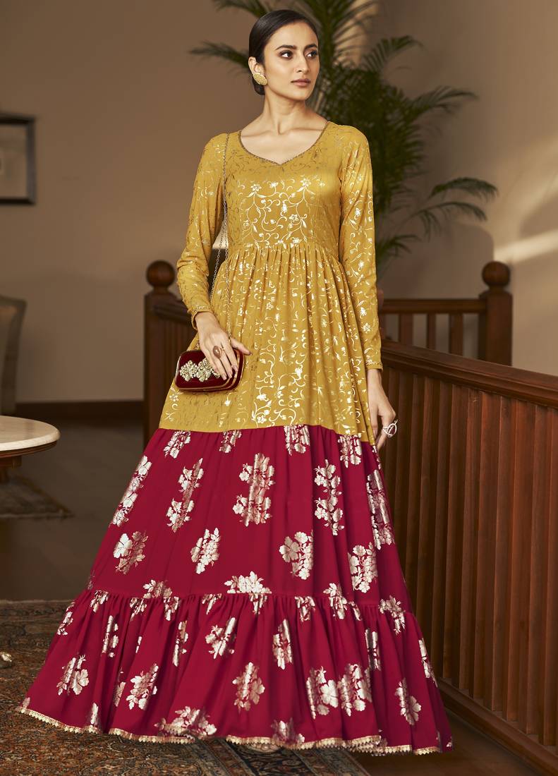 Mustard Yellow & Rani Pink Metallic Foilage Print Georgette Anarkali Long Gown Semi Stitched