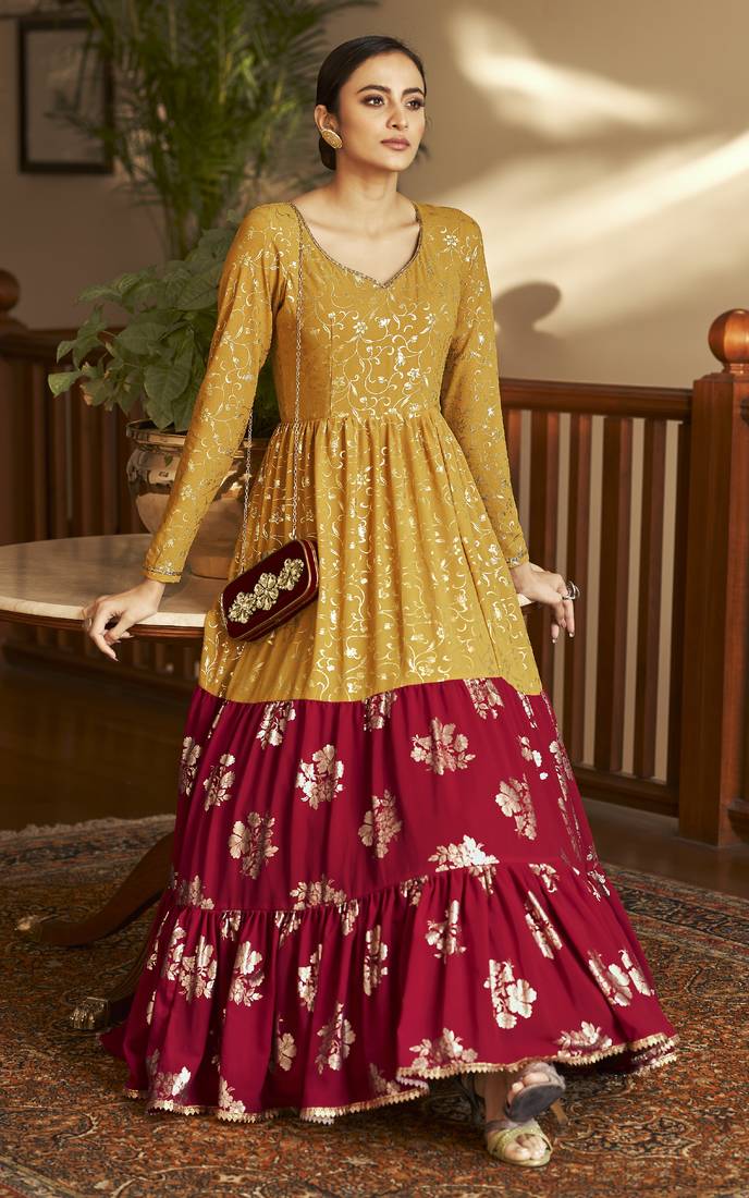 Mustard Yellow & Rani Pink Metallic Foilage Print Georgette Anarkali Long Gown Semi Stitched