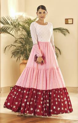 White & Pink & Maroon Metallic Foilage Print Georgette Anarkali Long Gown Semi Stitched 1