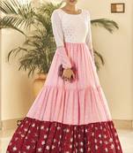 White & Pink & Maroon Metallic Foilage Print Georgette Anarkali Long Gown Semi Stitched