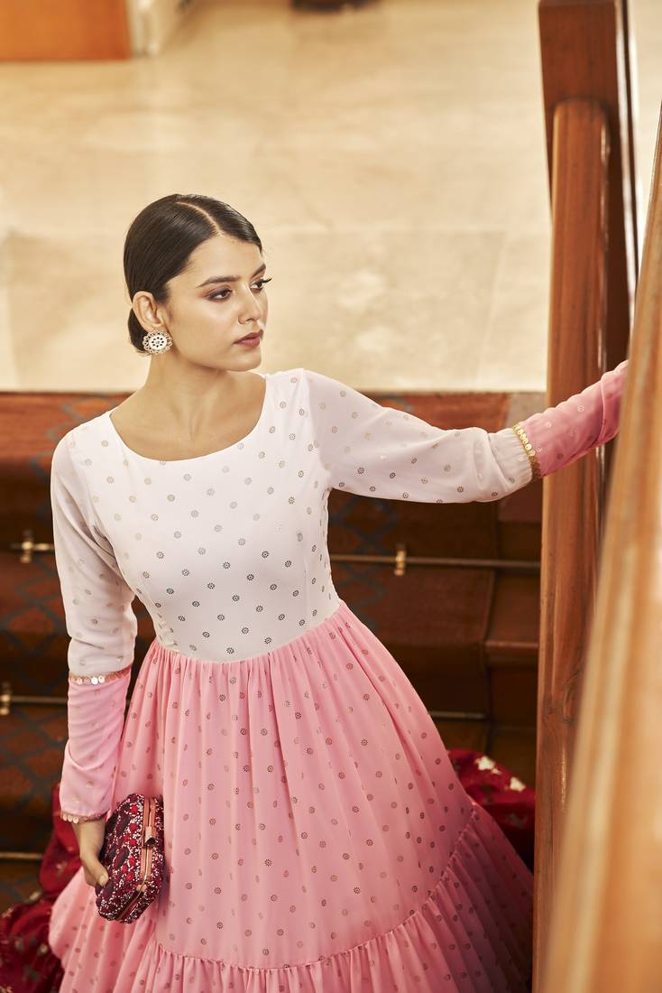 White & Pink & Maroon Metallic Foilage Print Georgette Anarkali Long Gown Semi Stitched