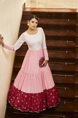 White & Pink & Maroon Metallic Foilage Print Georgette Anarkali Long Gown Semi Stitched 3