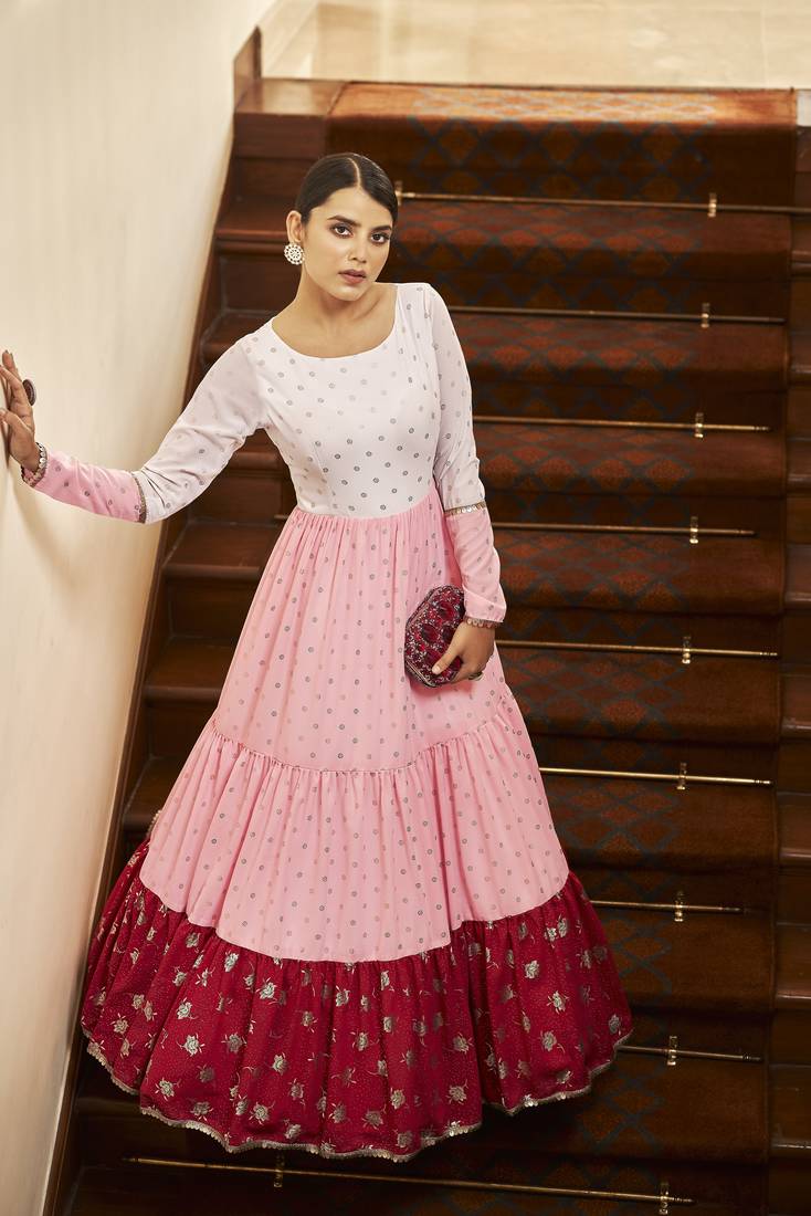White & Pink & Maroon Metallic Foilage Print Georgette Anarkali Long Gown Semi Stitched