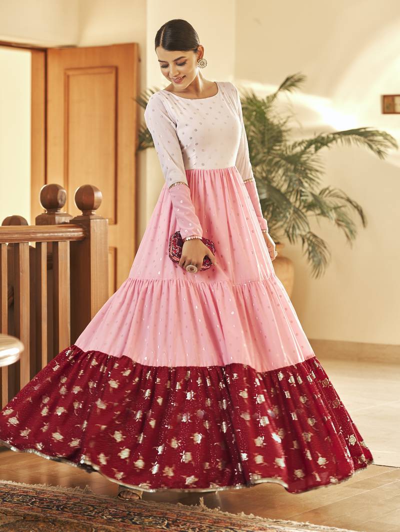White & Pink & Maroon Metallic Foilage Print Georgette Anarkali Long Gown Semi Stitched