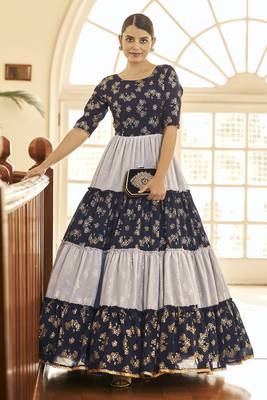Navy Blue & Grey Metallic Foilage Print Georgette Anarkali Long Gown Semi Stitched 1