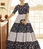 Navy Blue & Grey Metallic Foilage Print Georgette Anarkali Long Gown Semi Stitched