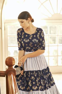 Navy Blue & Grey Metallic Foilage Print Georgette Anarkali Long Gown Semi Stitched 2