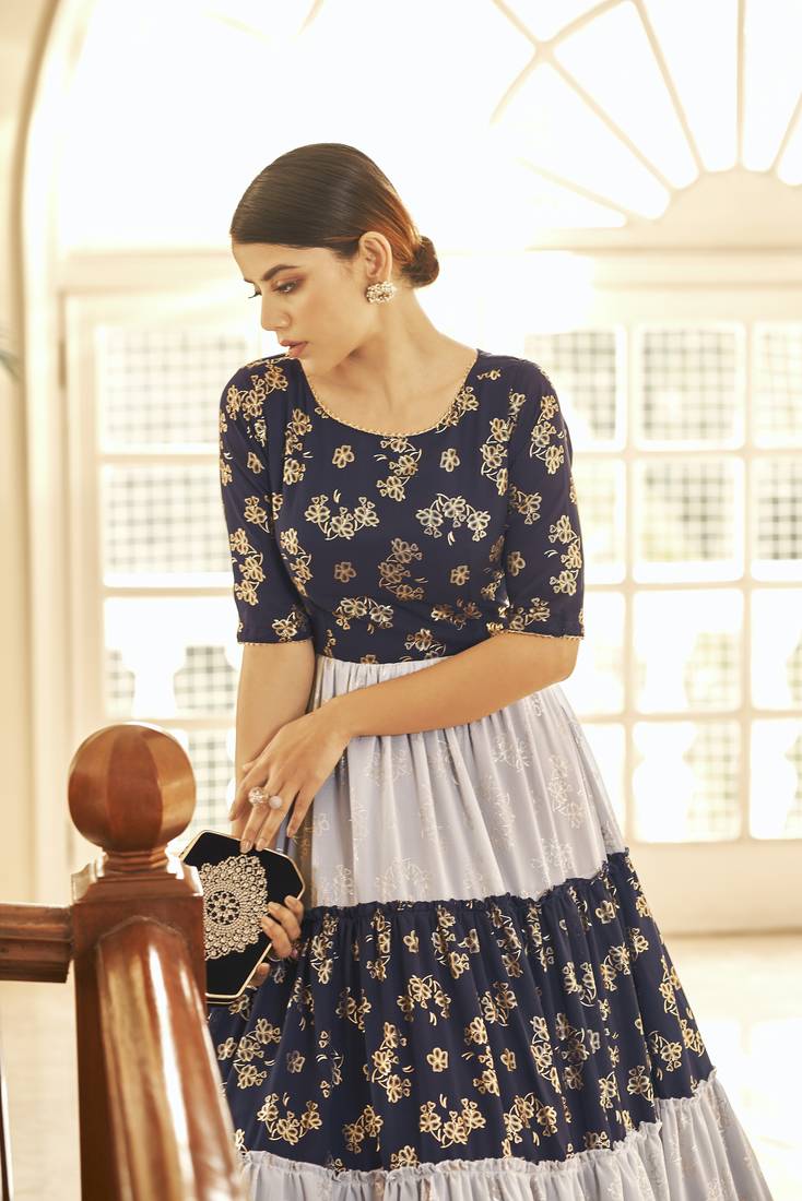 Navy Blue & Grey Metallic Foilage Print Georgette Anarkali Long Gown Semi Stitched