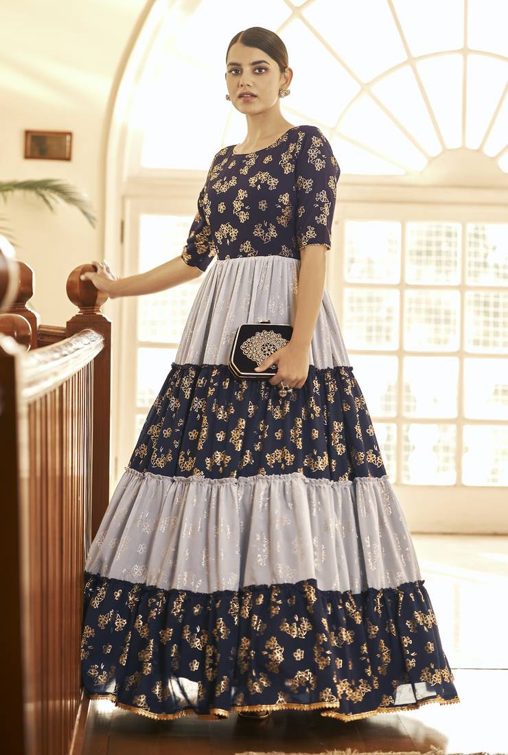 Navy Blue & Grey Metallic Foilage Print Georgette Anarkali Long Gown Semi Stitched
